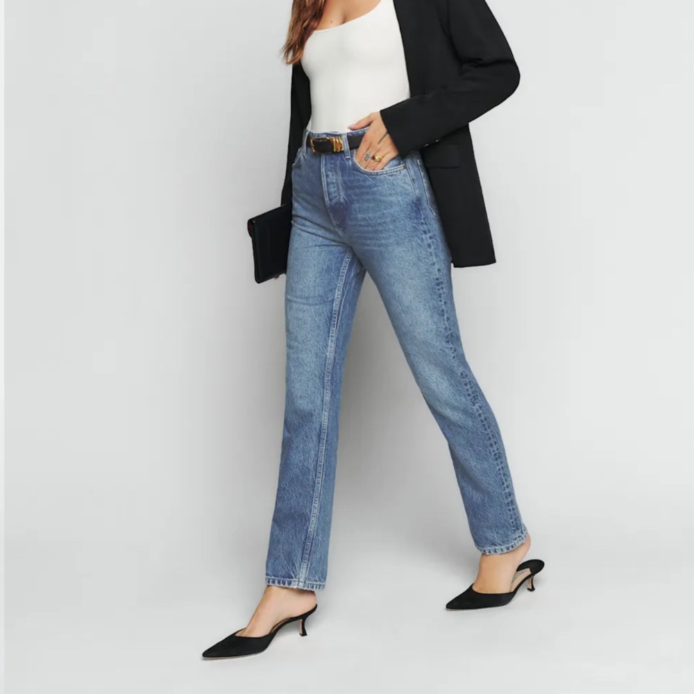 Reformation High Rise Straight Jeans in Light Blue Wash